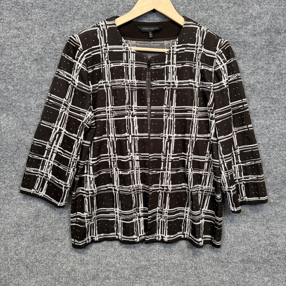 Ming Wang Womens Sz Large Knit Cardigan Sweater Black Plaid Open Front Old Money